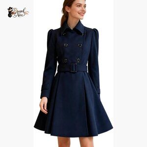 Double Breasted Wool Pea Coat with Belt Buckle Lapel Long Sleeve